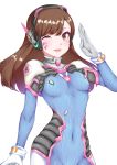  1girl absurdres animal_print arm_at_side bangs blue_bodysuit bodysuit boots bracer breasts brown_eyes brown_hair bunny_print covered_navel d.va_(overwatch) facepaint facial_mark gloves hand_up headphones highres lips long_hair looking_at_viewer one_eye_closed open_mouth overwatch pauldrons piao_qi_jiangjun pilot_suit pink_lips ribbed_bodysuit salute shoulder_pads simple_background skin_tight small_breasts smile solo turtleneck upper_body whisker_markings white_background white_gloves 