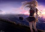  1girl absurdres artist_name bangs black_skirt blonde_hair closed_mouth commentary deck evening feathers fingerless_gloves floating_hair gloves hair_flaps hair_ornament hairclip hand_on_own_chest hand_up highres horizon kantai_collection lens_flare long_hair looking_to_the_side neckerchief nyum ocean pleated_skirt profile red_eyes red_neckerchief remodel_(kantai_collection) scarf school_uniform serafuku signature skirt solo standing sunset thighs twitter_username white_scarf yuudachi_(kantai_collection) 