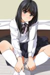  1girl black_eyes black_hair blush highres indian_style kneehighs long_hair looking_at_viewer matsunaga_kouyou original panties pantyshot school_uniform sitting smile solo underwear white_legwear white_panties wooden_floor 