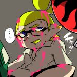  1boy blaster_(splatoon) blue_eyes fangs glasses green_hair grey_background ink inkling jet_squelcher_(splatoon) looking_up lowres lying male_focus male_inkling nana_(raiupika) on_back pointy_ears ponytail short_ponytail simple_background solo splatoon tentacle_hair 