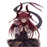 1girl absurdres asymmetrical_horns bangs black_skirt blue_eyes blurry breasts claws corset depth_of_field dragon_horns dragon_tail fate/extra fate/extra_ccc fate_(series) hair highres horns lancer_(fate/extra_ccc) long_hair long_tail looking_at_viewer pointy_ears simple_background skirt small_breasts smile solo tail tail_raised white_background yatsuka_(846)