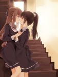  2girls black_hair blush brown_eyes brown_hair commentary eye_contact eyebrows_visible_through_hair hair_ribbon hand_holding incipient_kiss long_hair looking_at_another multiple_girls natsu_(natume0504) original ponytail ribbon school_uniform sidelocks stairs stairwell window yuri 