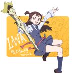  1girl :d akko_kagari artist_name blue_legwear brown_hair collared_shirt foreshortening high_ponytail highres holding holding_staff kneehighs little_witch_academia loafers long_hair long_sleeves open_mouth red_eyes shirt shoes smile solo staff tarou2 white_shirt 