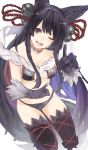  1girl animal_ears bare_shoulders bell black_gloves breasts emo863063 erun_(granblue_fantasy) fox_ears fox_shadow_puppet fox_tail from_above gloves granblue_fantasy hair_bell hair_ornament hand_gesture highres jingle_bell long_hair looking_at_viewer medium_breasts midriff one_eye_closed open_mouth red_eyes solo tail thigh-highs thighs yuel_(granblue_fantasy) 