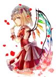  1girl alternate_costume bangs blonde_hair bow crystal dango dress eating flandre_scarlet food frilled_dress frills from_side hat hat_bow kneeling looking_at_viewer looking_to_the_side mob_cap open-back_dress petals profile puffy_short_sleeves puffy_sleeves red_dress red_eyes rose_petals sakipsakip short_sleeves side_ponytail solo touhou wagashi wings wrist_cuffs 