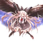  &gt;;d 1girl ;d alternate_hair_color arm_cannon arm_up bird_wings black_bow black_skirt black_wings bow commentary_request death2990 dress_shirt feathered_wings frilled_shirt_collar frills full_body grin hair_between_eyes hair_bow highres long_hair looking_at_viewer one_eye_closed open_mouth petticoat puffy_short_sleeves puffy_sleeves radiation_symbol red_eyes reiuji_utsuho shirt short_sleeves skirt smile solo third_eye touhou very_long_hair weapon white_hair white_shirt wings 