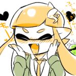  1girl angry blazer blush fangs female_inkling hair_ornament hairclip hands_on_own_face inkling jacket lowres nana_(raiupika) necktie orange_hair pleated_skirt pointy_ears school_uniform skirt smile solo splatoon tentacle_hair translation_request 