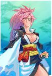  1girl absurdres baiken breasts cleavage eyepatch facial_tattoo guilty_gear guilty_gear_xrd guilty_gear_xrd_r2 highres large_breasts long_hair looking_to_the_side pink_hair ponytail solo sword tattoo wallace_pires weapon 