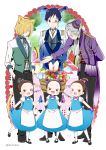  3boys 3girls :d ^_^ alice_(wonderland) alice_(wonderland)_(cosplay) alice_in_wonderland animal_ears apron basket black_hair blonde_hair blue_gloves bolo_tie bow brown_eyes brown_hair candy card cat_ears cat_tail chair closed_eyes cosplay dress epaulettes flower food formal gloves green_eyes hair_bow hair_bun hair_over_one_eye hand_in_pocket hands_together hat highres katsuki_yuuri mad_hatter mad_hatter_(cosplay) march_hare march_hare_(cosplay) mini_hat mini_top_hat monocle multiple_boys multiple_girls nishigoori_axel nishigoori_loop nishigoori_lutz open_mouth pantyhose pink_gloves playing_card ponytail purple_gloves rabbit_ears rose siblings silver_hair sisters skirt_hold smile suit table tail takezaki_(artist) top_hat triplets twintails viktor_nikiforov white_legwear yuri!!!_on_ice yuri_plisetsky 