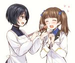  2girls :d ^_^ black_hair blush bob_cut brave_witches brown_eyes brown_hair chopsticks closed_eyes feeding fried_chicken georgette_lemare hair_ribbon hands_clasped heart kappougi long_hair military military_uniform multiple_girls open_mouth profile ribbon shimohara_sadako short_hair smile totonii_(totogoya) twintails uniform upper_body white_background world_witches_series 