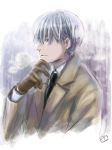  1boy blue_eyes brown_gloves coat gloves highres katsuki_ichiru male_focus necktie profile silver_hair smile viktor_nikiforov yuri!!!_on_ice 