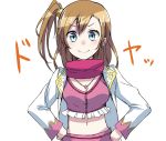  &gt;:&gt; 1girl :&gt; blue_eyes breasts brown_hair cleavage hair_ornament hands_on_hips highres jewelry kousaka_honoka love_live! love_live!_school_idol_project love_marginal medium_breasts midriff minato_(shouno) navel necklace one_side_up scarf smug solo stomach 