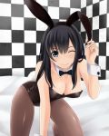  1girl animal_ears black_hair blue_eyes bow bowtie breasts bunny_tail bunnysuit checkered checkered_background checkered_wall cleavage detached_collar facing_viewer leaning_forward long_hair looking_at_viewer nonaka_chikin one_eye_closed original pantyhose rabbit_ears smile solo tail wrist_cuffs 