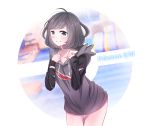  1girl black_eyes black_hair bottomless cosplay female_protagonist_(pokemon_sm) gladio_(pokemon) gladio_(pokemon)_(cosplay) hood hoodie no_pants pokemon pokemon_(game) pokemon_sm short_hair smile solo torn_clothes xrfc8473 