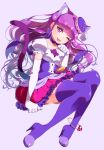  1girl ;d animal_ears anklet boots cat_ears cat_tail choker cure_macaron elbow_gloves extra_ears eyebrows_visible_through_hair frilled_skirt frills gloves highres invisible_chair jewelry kirakira_precure_a_la_mode kotozume_yukari layered_skirt long_hair looking_at_viewer magical_girl one_eye_closed open_mouth paw_pose precure purple purple_boots purple_hair purple_skirt sitting skirt smile solo tail thigh-highs thigh_boots violet_eyes white_gloves yupiteru 