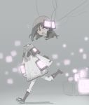  1girl android boots brown_hair cable coat disembodied_head do_re_mi head_removed long_sleeves monitor open_mouth original pink_eyes robot running scarf short_hair solo toeless_boots 