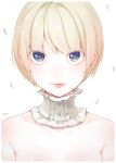  1girl absurdres albino blush border collarbone freckles highres lips looking_at_viewer mayuri_kaichou neck_garter original pale_skin petals shirtless short_hair simple_background smile solo upper_body white_background white_border white_hair 