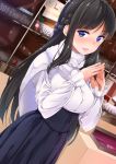  1girl amasora_taichi black_hair blue_eyes blush braid breasts capelet dutch_angle highres large_breasts long_hair looking_at_viewer original parted_lips smile solo virgin_killer_outfit 