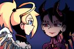  2girls alternate_costume angel_and_devil black_hair blue_eyes commentary dark_persona demon_horns devil_mercy dual_persona evil_smile half-closed_eyes high_ponytail horns light_smile looking_at_another mechanical_halo mechanical_wings meme mercy_(overwatch) multiple_girls orange_wings overwatch red_eyes setz shaded_face shadow simple_background smile upper_body wings yellow_wings 