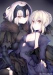 2girls :o arm_around_shoulder armor armored_dress bangs black_background black_cape black_legwear black_ribbon braid breastplate breasts cape choker cleavage closed_mouth collarbone cowboy_shot detached_sleeves diamond_(shape) dress eyebrows_visible_through_hair fate/grand_order fate_(series) fur_trim garter_straps gauntlets gorget hair_between_eyes hair_bun hair_ribbon hand_on_another&#039;s_head hand_under_clothes headpiece highres jeanne_alter long_hair long_sleeves medium_breasts multiple_girls obiwan parted_lips puffy_sleeves purple_dress revision ribbon ruler_(fate/apocrypha) saber saber_alter silver_hair skirt_hold small_breasts thigh-highs twitter_username yellow_eyes 