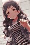  1girl blurry blush breasts brown_eyes brown_hair collarbone commentary_request depth_of_field highres idolmaster idolmaster_million_live! kitazawa_shiho long_hair looking_at_viewer looking_down narumi_arata shirt solo striped striped_shirt sweatdrop 