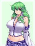  1girl :&lt; antenna_hair bare_shoulders breasts cleavage detached_sleeves frog_hair_ornament green_background green_eyes green_hair groin hair_ornament hair_tubes hater_(hatater) highres huge_breasts japanese_clothes kochiya_sanae long_hair looking_at_viewer lowleg lowleg_skirt midriff miko navel pout simple_background skirt snake_hair_ornament solo touhou upper_body wavy_hair 