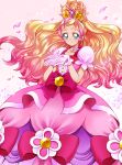  1girl absurdres blonde_hair blue_eyes blush choker cure_flora dress earrings eyelashes flower flower_earrings frilled_dress frills gloves go!_princess_precure gradient gradient_background gradient_hair hair_ornament half_updo happy haruno_haruka highlights highres jewelry long_hair looking_at_viewer magical_girl mode_elegant_(go!_princess_precure) multicolored_hair petals pink pink_background pink_dress pink_hair pink_ribbon precure puffy_sleeves ribbon sharumon smile solo streaked_hair tiara two-tone_hair white_background white_gloves 