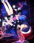  1girl :3 blue_hair blurry butterfly closed_eyes commentary depth_of_field doremy_sweet dress floating hat highres multicolored multicolored_clothes multicolored_dress nightcap peach_camellia pom_pom_(clothes) short_hair sleeping solo space star_(sky) tail tapir_tail touhou upside-down 