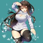  1girl 2017 amaga_sakuramaru aqua_background brown_eyes brown_hair cleavage_cutout dated long_hair looking_at_viewer open-chest_sweater original ribbed_sweater signature simple_background smile solo sweater thighs wide_hips 
