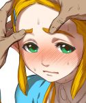  1boy 1girl blonde_hair blush close-up embarrassed eyebrows face green_eyes hair_ornament hairclip hand_on_another&#039;s_face long_hair looking_at_viewer open_mouth pov pov_hands princess_zelda shiroinuchikusyo simple_background sweat the_legend_of_zelda the_legend_of_zelda:_breath_of_the_wild thick_eyebrows wavy_mouth white_background 