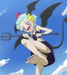  1girl :d barefoot bat_wings blue_sky character_request clouds day demon_tail fangs feet green_eyes green_hair hair_ornament haruyama_kazunori heybot! midriff nail_polish open_mouth polearm short_hair sky smile solo standing standing_on_one_leg tail toenail_polish toenails toes trident weapon wings 