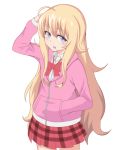  1girl ahoge blonde_hair blue_eyes bow gabriel_dropout hand_in_pocket heikichi hood hoodie long_hair looking_at_viewer open_mouth plaid plaid_skirt pleated_skirt skirt solo tenma_gabriel_white very_long_hair 