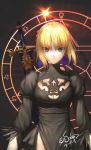  1girl black_dress blonde_hair breasts cleavage cleavage_cutout cosplay dated drag-on_dragoon dress excalibur fate/stay_night fate_(series) green_eyes highres magic_circle meng_bu_jingren_si_buxiu nier_(series) nier_automata photoshop saber short_hair solo standing sword weapon weapon_on_back yorha_no._2_type_b yorha_no._2_type_b_(cosplay) 