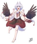  1girl 2017 :d animal_ears arms_up bare_legs bare_shoulders barefoot blue_eyes clenched_hands dated detached_sleeves eyebrows eyebrows_visible_through_hair feathered_wings hakuro109 highres inubashiri_momiji japanese_clothes looking_at_viewer open_mouth pom_pom_(clothes) signature silver_hair simple_background skirt smile solo tail touhou white_background white_hair wide_sleeves wings wolf_ears wolf_tail 