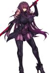  &gt;:) 1girl bangs bodysuit breasts covered_navel erect_nipples fate/grand_order fate_(series) gae_bolg high_heels holding holding_weapon large_breasts long_hair looking_at_viewer negresco parted_lips pauldrons polearm purple_hair red_eyes scathach_(fate/grand_order) solo spear standing veil very_long_hair weapon 