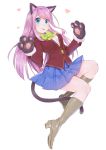  1girl :p absurdres animal_ears blazer blue_eyes blush cat_ears cat_paws cat_tail full_body gloves hashimoto_nyaa highres idol jacket long_hair mayuri_kaichou multicolored_hair neck_ribbon osomatsu-san paw_gloves paw_pose paws pink_hair pleated_skirt ribbon school_uniform simple_background skirt smile solo streaked_hair tail tongue tongue_out white_background 