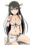  1girl bikini black_hair breasts cleavage front-tie_top hairband haruna_(kantai_collection) headgear highres ippachi kantai_collection kneeling long_hair looking_at_viewer medium_breasts sarong solo swimsuit tongue tongue_out white_background white_bikini yellow_eyes 