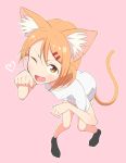  1girl animal_ears blush cat_ears cat_tail fang full_body hair_ornament hairclip haruharu55 highres maa_(nyanko_days) nyanko_days older one_eye_closed open_mouth orange_hair paw_pose short_hair solo tail 