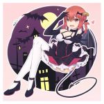  1girl 2017 alternate_costume artist_name bare_shoulders bat bat_hair_ornament black_gloves castle choker dated dress elbow_gloves fang frills full_body full_moon gabriel_dropout gloves hair_ornament hair_rings halloween highres invisible_chair kurumizawa_satanichia_mcdowell legs_crossed looking_at_viewer moon neps-l open_mouth outstretched_arm petticoat red_eyes redhead sitting solo thigh-highs white_legwear 