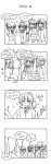 ! 4koma 5girls ? artist_request blush braid comic covering_face embarrassed french_braid greyscale hair_ribbon hands_up highres jewelry kimi_no_na_wa korean long_hair miyamizu_mitsuha monochrome multiple_girls multiple_persona open_mouth pendant ponytail ribbon school_uniform short_hair sparkle star_necklace sweatdrop translation_request wavy_mouth 