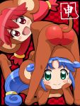  2girls animal_costume ass awa black_border blue_hair blush_stickers border checkered checkered_background chin_rest fine fushigiboshi_no_futago_hime green_eyes long_hair looking_at_viewer looking_back lying monkey_costume monkey_ears monkey_tail multiple_girls on_stomach red_eyes redhead rein smile tail twintails 