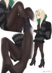 1girl 2016 alternate_costume ama_mitsuki ankle_boots bag black_footwear black_legwear black_sweater blonde_hair boots breasts casual commentary cross-laced_footwear crotch_seam dated feet from_side full_body green_eyes green_scarf hair_ribbon high_heels kantai_collection knees_up lace-up_boots lips long_hair miniskirt multiple_views no_shoes panties panties_under_pantyhose pantyhose parted_lips perspective platform_footwear pleated_skirt polka_dot polka_dot_legwear print_legwear ribbon scarf shirt simple_background sitting skirt small_breasts straight_hair striped striped_sweater sweater thighs underwear yuudachi_(kantai_collection) 