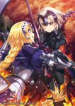  2girls armor armored_dress battle blonde_hair blue_eyes braid breasts capelet castle chains dragon fate/grand_order fate_(series) faulds fire flag flagpole gauntlets grin headpiece is_ii jeanne_alter kingchenxi large_breasts long_hair multiple_girls ruler_(fate/apocrypha) short_hair single_braid smile sword weapon white_hair yellow_eyes 