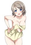  1girl blue_eyes blush breasts brown_hair cleavage collarbone covering covering_breasts eyebrows_visible_through_hair leaning_forward legs_together looking_at_viewer love_live! love_live!_sunshine!! medium_breasts naked_towel nude open_mouth rozen5 shiny shiny_hair shiny_skin short_hair simple_background solo thigh_gap towel watanabe_you white_background 