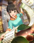  1girl alternate_costume black_hair casual green_eyes hair_bun hair_ornament hair_stick hamaguchi_ayame hanging_scroll idolmaster idolmaster_cinderella_girls katana official_art rope scroll shuriken smile solo sparkle sword tatami weapon 