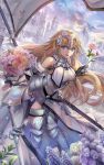  1girl :d architecture armor armored_boots armored_dress blonde_hair blue_eyes boots bouquet breasts building chains clouds commentary_request day fate/apocrypha fate/grand_order fate_(series) flag flagpole flower flower_request fur_trim gauntlets headpiece highres holding holding_bouquet holding_flower leaning_forward lily_(flower) long_hair looking_at_viewer medium_breasts mountain open_mouth outdoors pink_rose rose ruler_(fate/apocrypha) scenery sheath sky smile solo sword torino_akua weapon white_rose 
