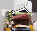  2girls animal_ears black_dress blurry book brown_hair calendar cheese clock do_re_mi dress flower_pot food hime_cut long_hair mouse mouse_ears mouse_tail multiple_girls original pale_skin personification pink_eyes plant ribbon scared solo_focus sweat tail 