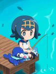  1girl animated animated_gif awa barefoot blue_hair blush_stickers chibi fish fishing fishing_line fishing_rod pokemon pokemon_(game) pokemon_sm popplio suiren_(pokemon) wishiwashi 