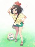  1girl ? beanie black_eyes black_hair blush female_protagonist_(pokemon_sm) grass hat kurochiroko looking_afar pokemon pokemon_(creature) pokemon_(game) pokemon_sm red_hat rowlet shirt short_hair shorts tied_shirt 