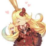  2girls :3 ^_^ aqua_hair bangs blonde_hair blue_eyes blunt_bangs blush bow braid cagliostro_(granblue_fantasy) charlotta_(granblue_fantasy) chibi_inset clenched_hands closed_eyes closed_mouth dress eyebrows_visible_through_hair gloom_(expression) gradient_hair granblue_fantasy hair_bow hair_over_one_eye harbin headband heart jewelry jitome lowres multicolored_hair multiple_girls o_(rakkasei) pendant pointy_ears puffy_short_sleeves puffy_sleeves red_bow shaded_face short_sleeves sweatdrop swept_bangs triangle_mouth white_background 